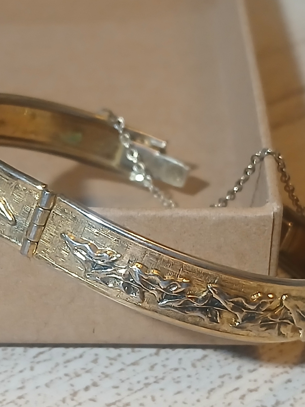Whiting & Davis Gold Floral Engraved Hinged Bangle Bracelet